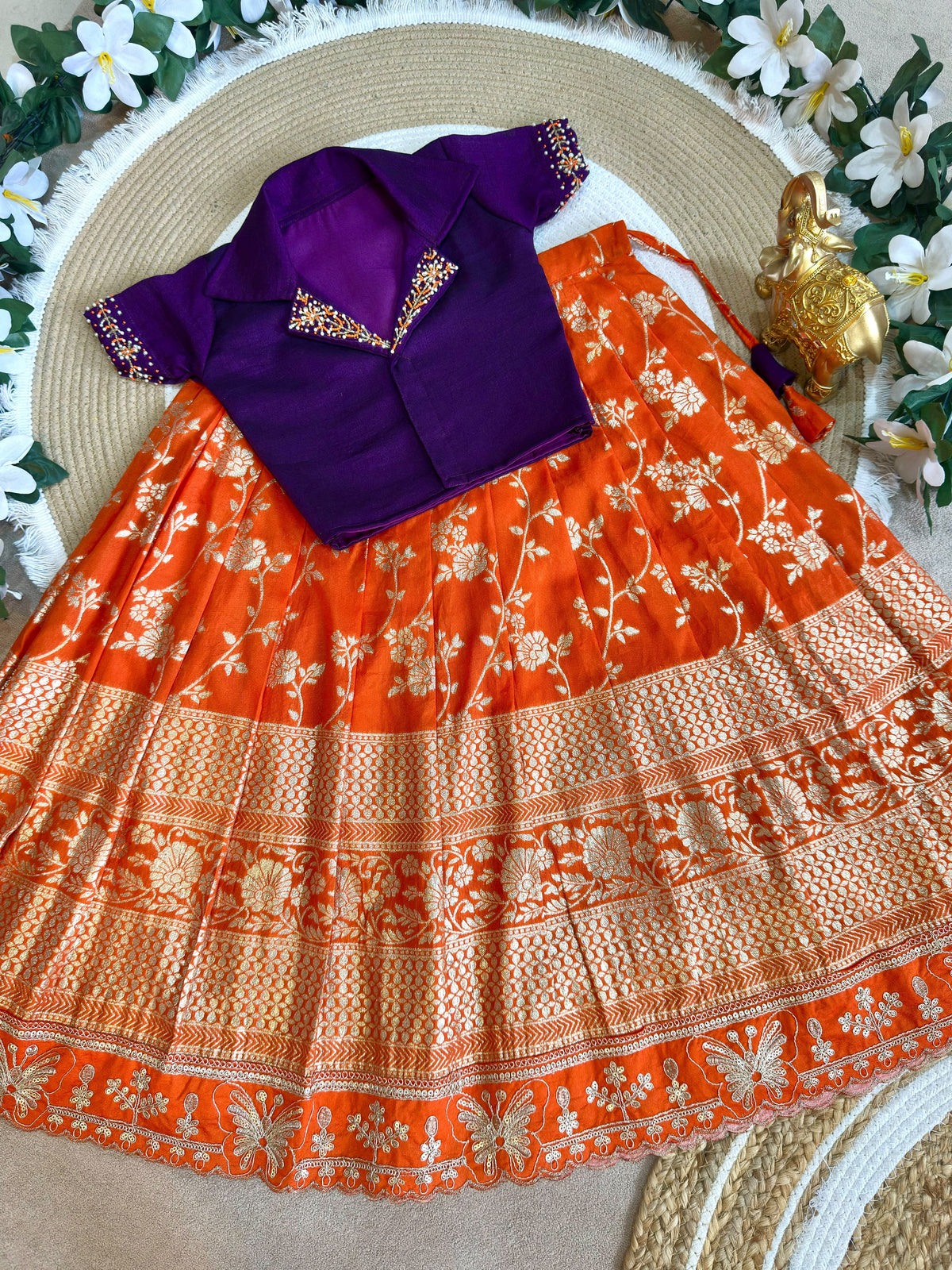 Royal Trio Contrast Kids Lehenga Choli with Floral Zari Work