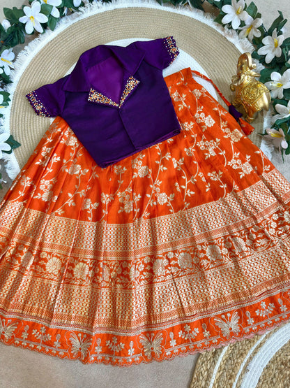 Royal Trio Contrast Kids Lehenga Choli with Floral Zari Work