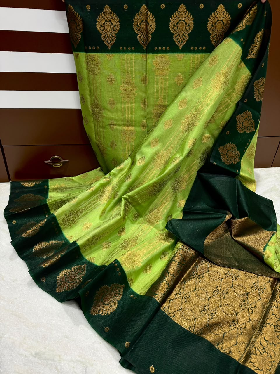 Banarasi Dupion Soft Silk Saree with Alfi Border, Zari Weaving & Jacquard Blouse