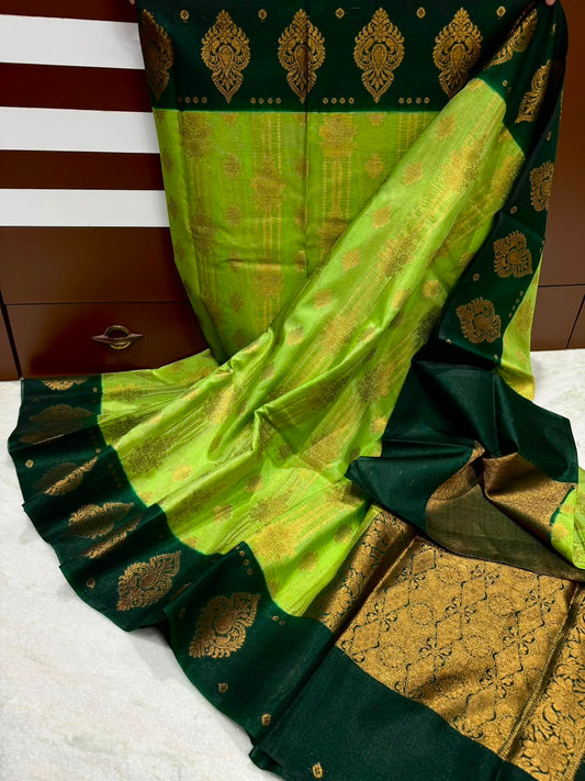 Banarasi Dupion Soft Silk Saree with Alfi Border, Zari Weaving & Jacquard Blouse