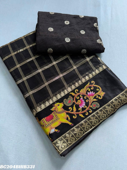Viscose Georgette 3D Print Border Saree with Running Weaving Butti Blouse
