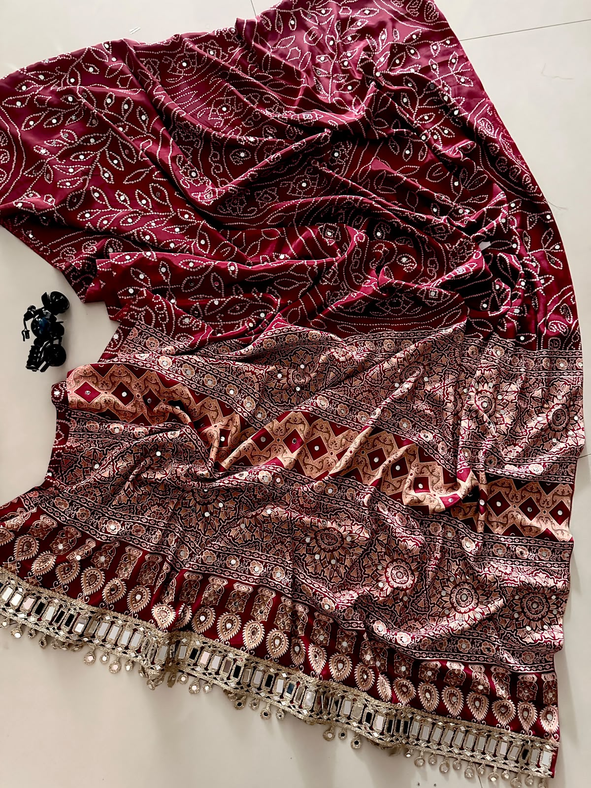 Pure Arjakh Satin Viscose Silk Saree with Designer Print, Mirror Work and Designer Blouse