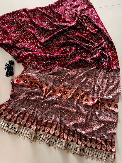 Pure Arjakh Satin Viscose Silk Saree with Designer Print, Mirror Work and Designer Blouse