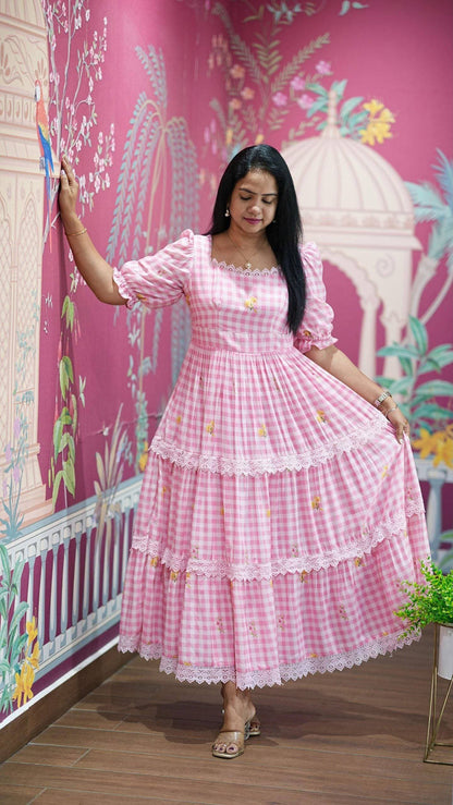 Soft Cotton Checked Print Maxi Dress with Floral Details