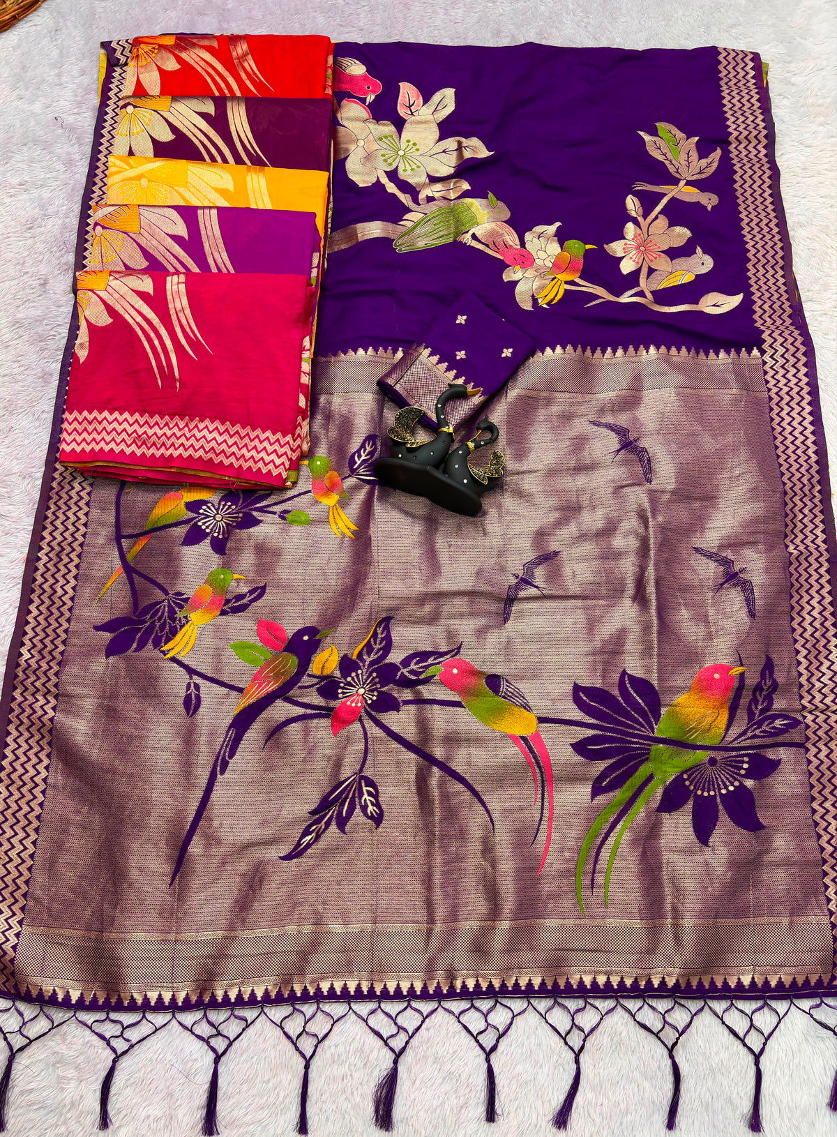 Khadi Crepe Silk Hand-Dyed Saree with Bird Motifs and Fancy Latkans