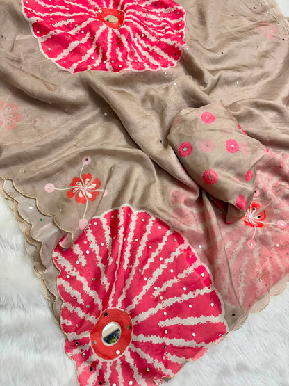 Soft Tabi Saree with Digital Print, Mirror Handwork and Cutwork Border