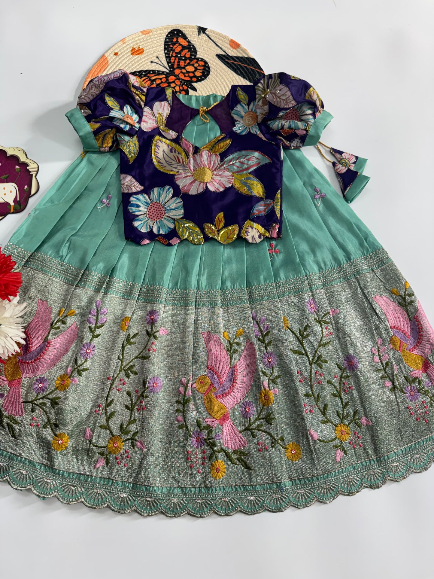 Kids Embroidered Tissue Fabric Lehenga Choli Set