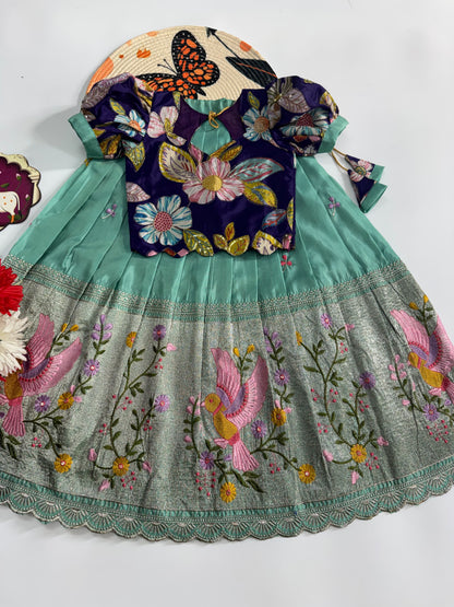Kids Embroidered Tissue Fabric Lehenga Choli Set