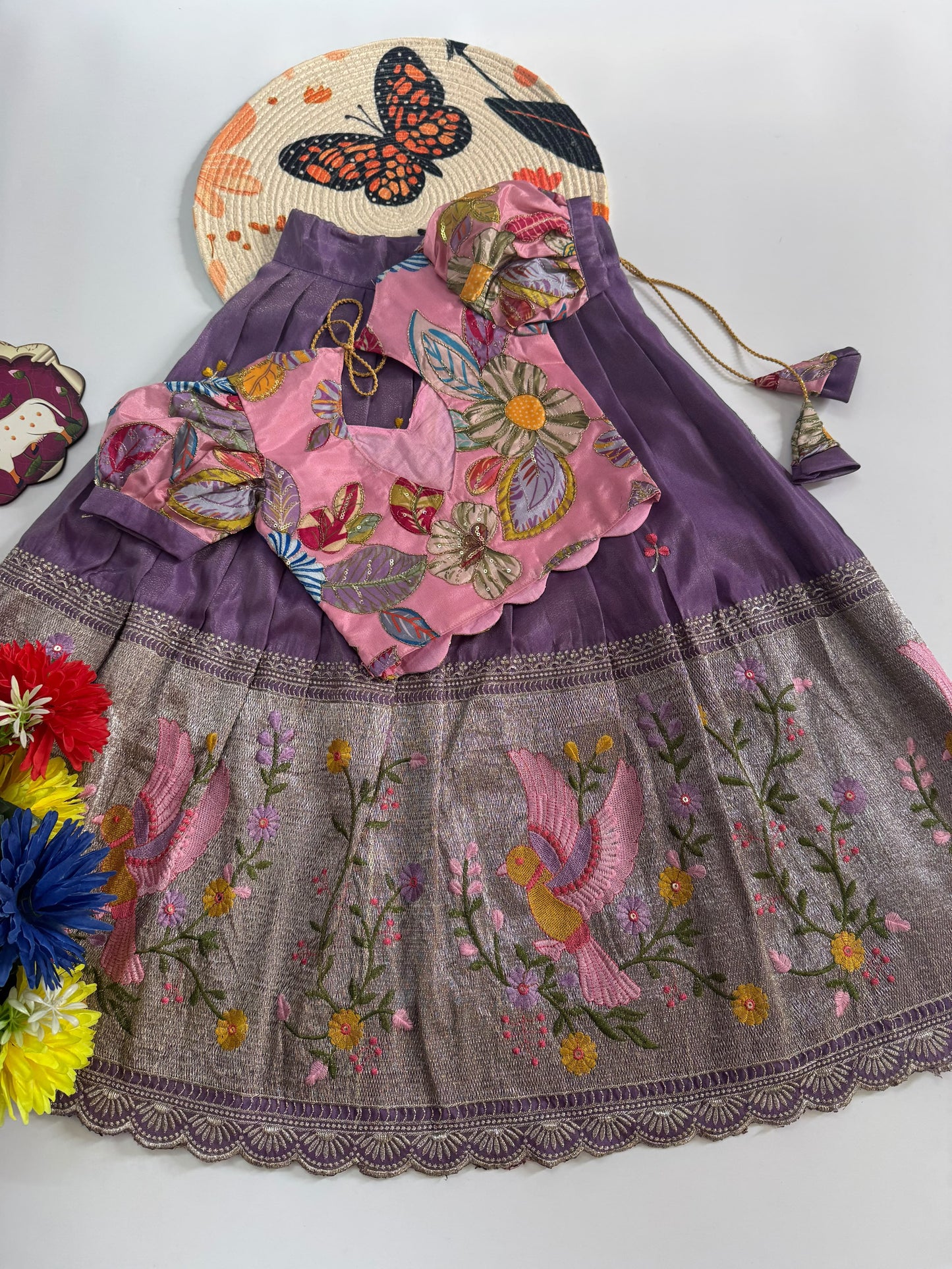 Kids Embroidered Tissue Fabric Lehenga Choli Set