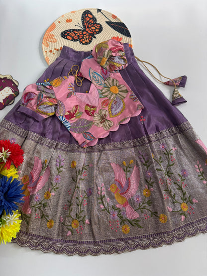 Kids Embroidered Tissue Fabric Lehenga Choli Set