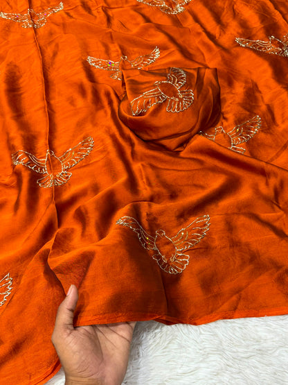 Soft Silk Saree with All-Over Bird Embroidery and Running Blouse