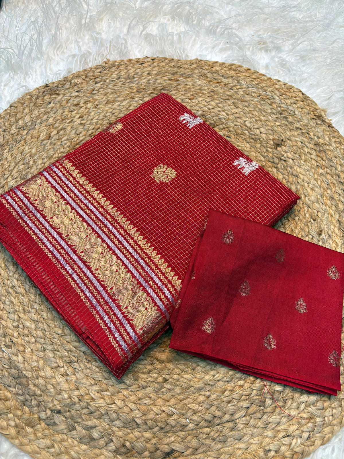 Golden Silver Pure Russian Dola Saree with Zari Peacock & Deer Weaving and Viscose Blouse