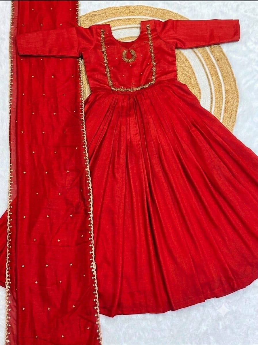 Handwork Vichitra Silk Anarkali Gown with Sequence Work Dupatta