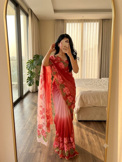 TeBy Silk Floral Digital Print Saree with Cutdana Khatli Work