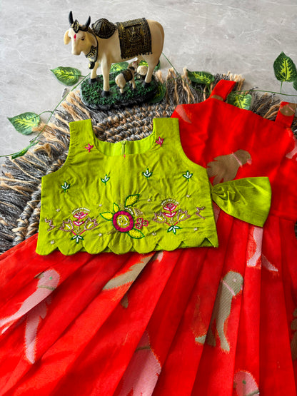 Little Princess Bird Motif Festive Gown with Raw Silk Coat