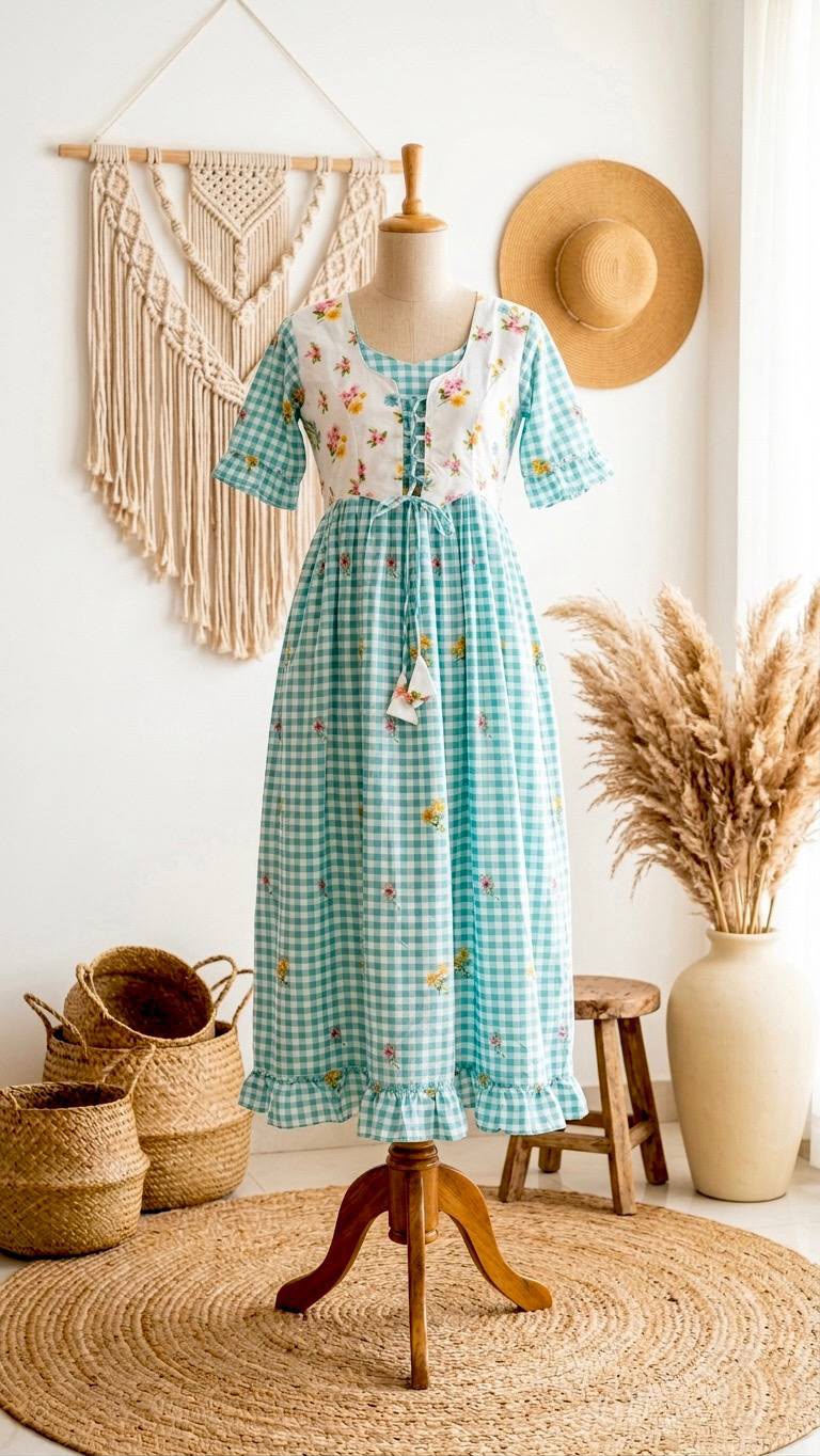 Soft Cotton Checked Print Maxi Dress with Floral Details