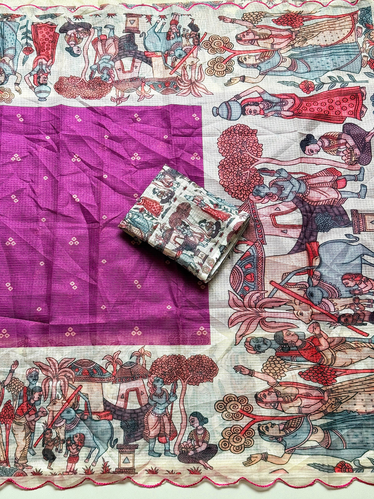 Madhubani Folk Art Printed Kota Chex Saree with Arco Cutwork Border