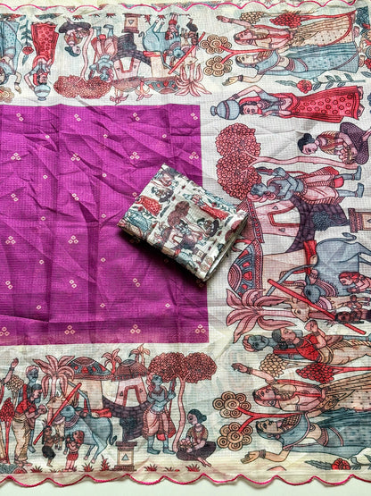 Madhubani Folk Art Printed Kota Chex Saree with Arco Cutwork Border