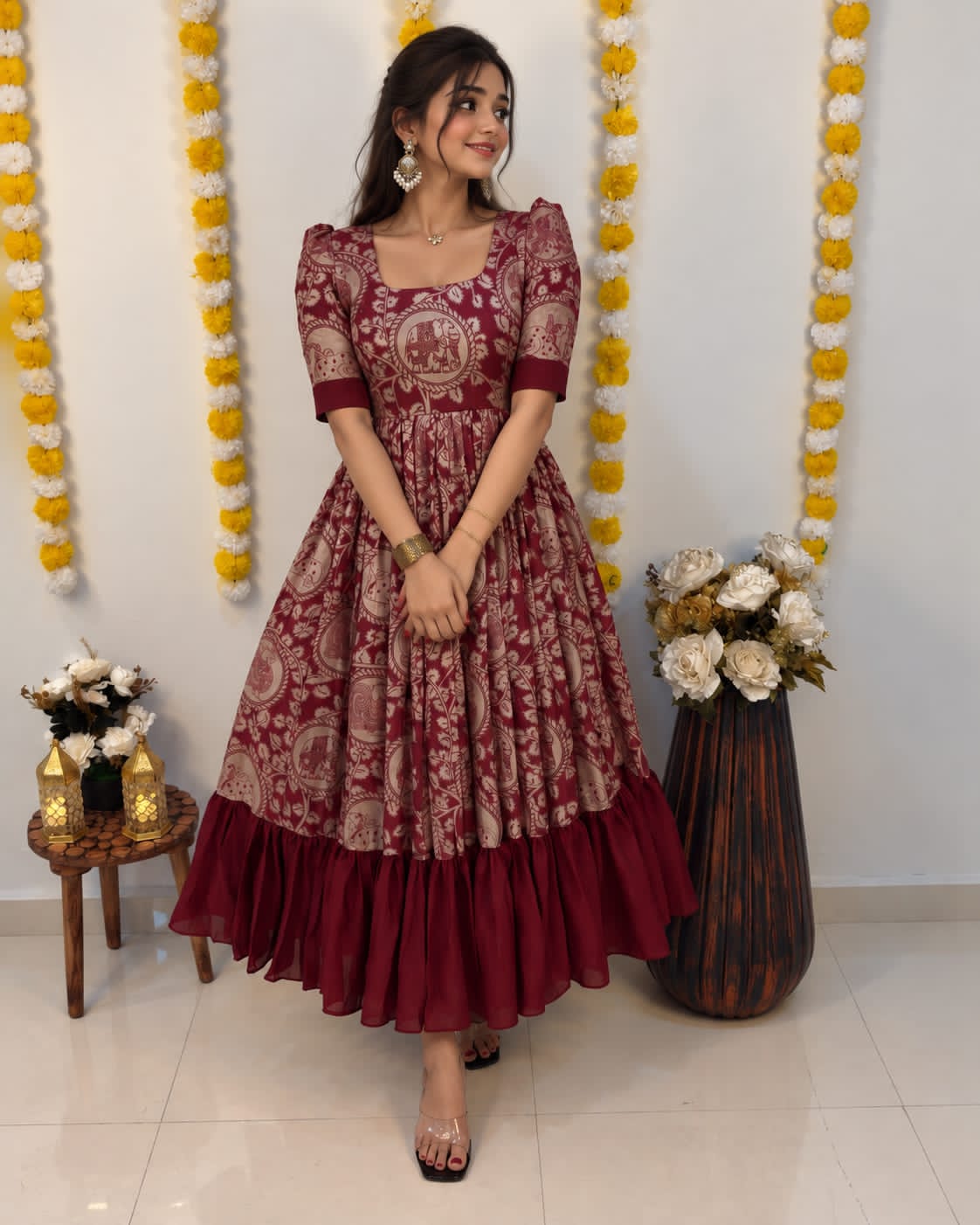 Traditional Kalamkari Vichithra Silk Frock with Contrast Colour Fusion