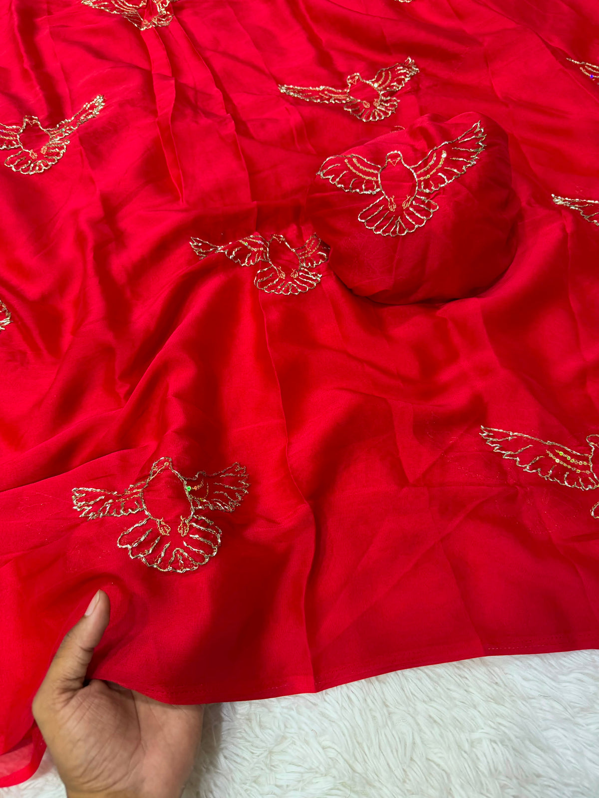 Soft Silk Saree with All-Over Bird Embroidery and Running Blouse