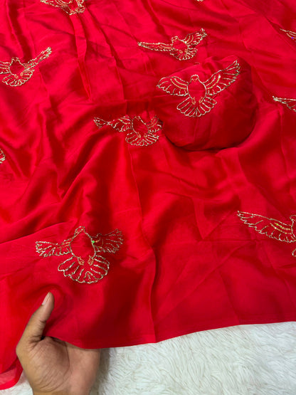 Soft Silk Saree with All-Over Bird Embroidery and Running Blouse