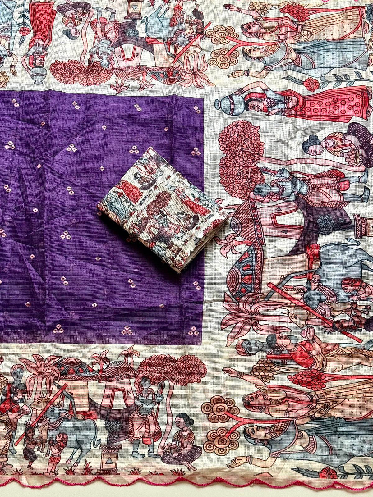 Madhubani Folk Art Printed Kota Chex Saree with Arco Cutwork Border