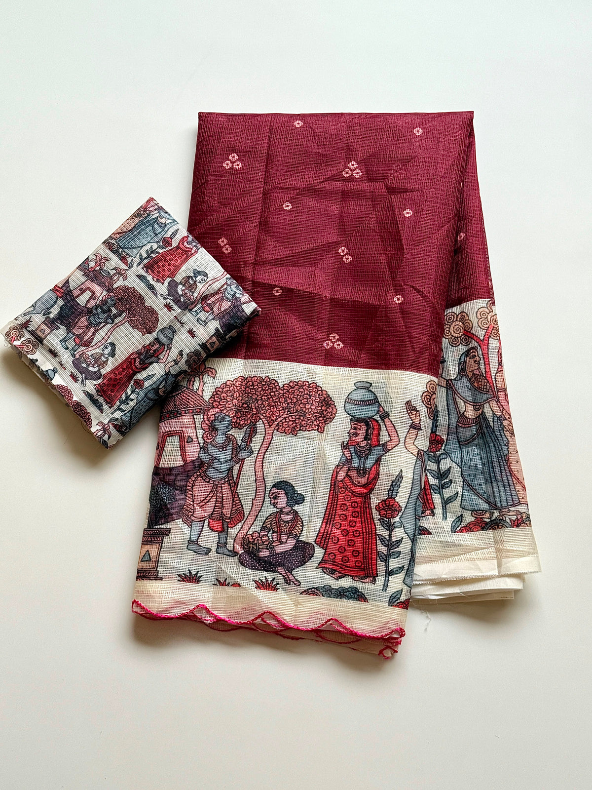 Madhubani Folk Art Printed Kota Chex Saree with Arco Cutwork Border