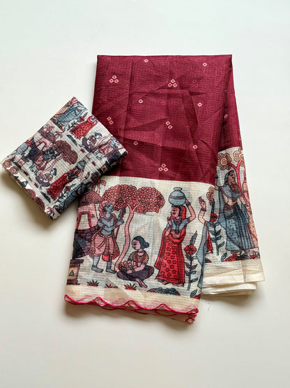 Madhubani Folk Art Printed Kota Chex Saree with Arco Cutwork Border