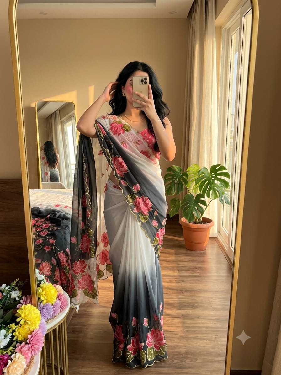 TeBy Silk Floral Digital Print Saree with Cutdana Khatli Work