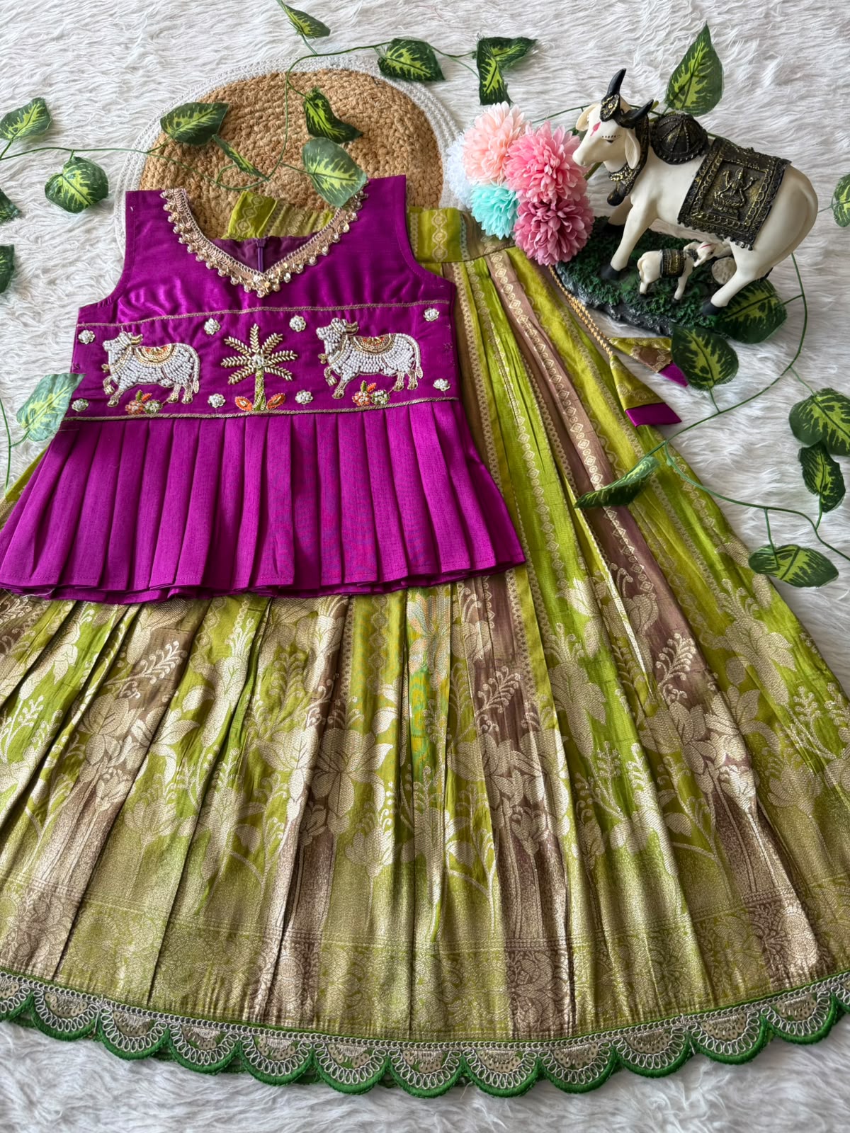 Kids Pattu Pavadai Sattai with Pichwai Work and Tissue Strip Skirt