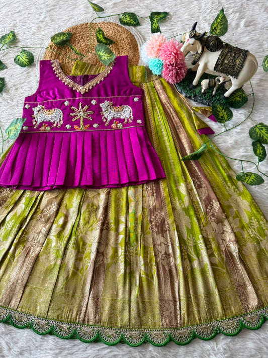 Kids Pattu Pavadai Sattai with Pichwai Work and Tissue Strip Skirt