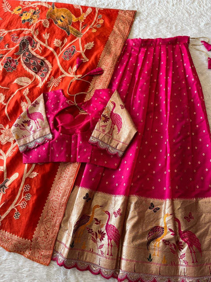 Flamingo Soft Dola Silk Stitched Lehenga Choli with Jacquard Dupatta
