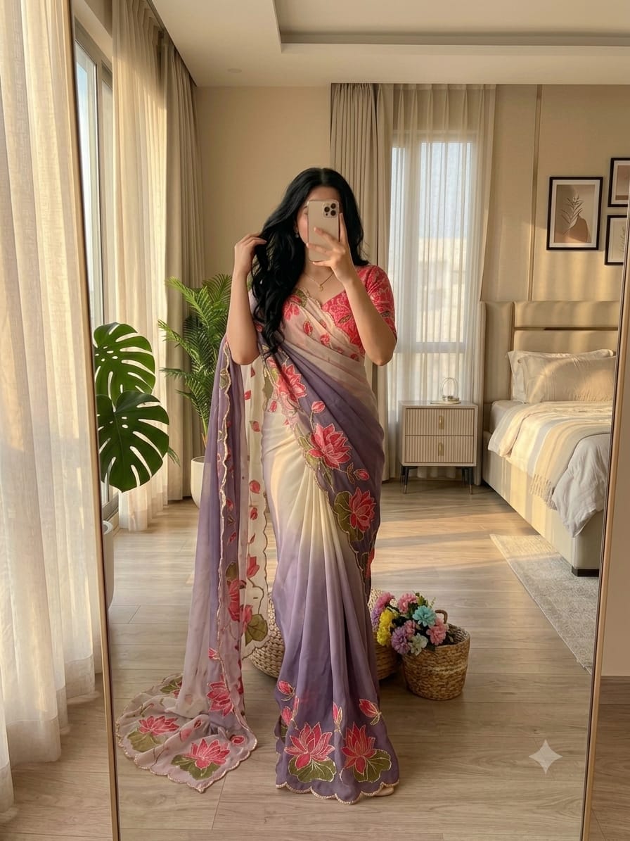 TeBy Silk Floral Digital Print Saree with Cutdana Khatli Work