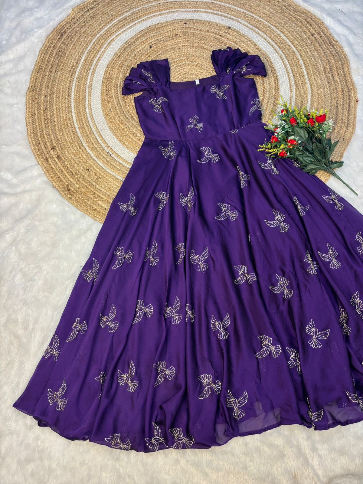 Premium Rangoli Silk Sparrow Beads Aari Work Maxi Gown
