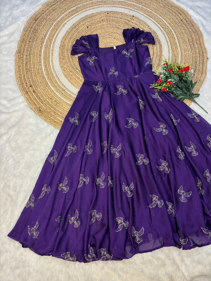 Premium Rangoli Silk Sparrow Beads Aari Work Maxi Gown