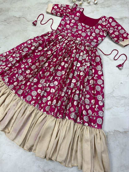 Traditional Kalamkari Vichithra Silk Frock with Contrast Colour Fusion