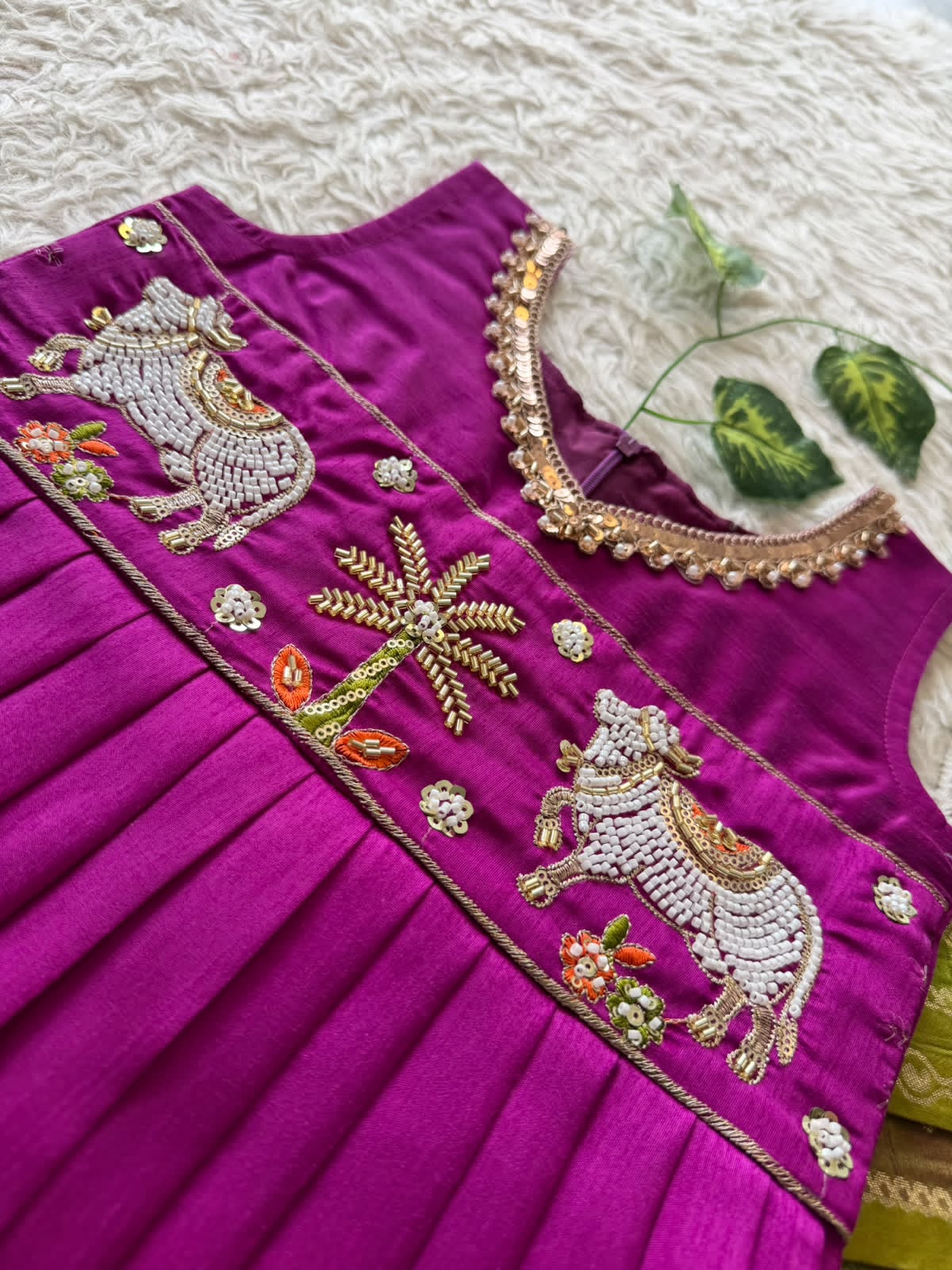Kids Pattu Pavadai Sattai with Pichwai Work and Tissue Strip Skirt