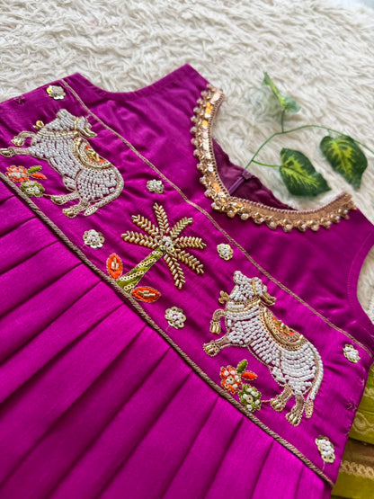 Kids Pattu Pavadai Sattai with Pichwai Work and Tissue Strip Skirt