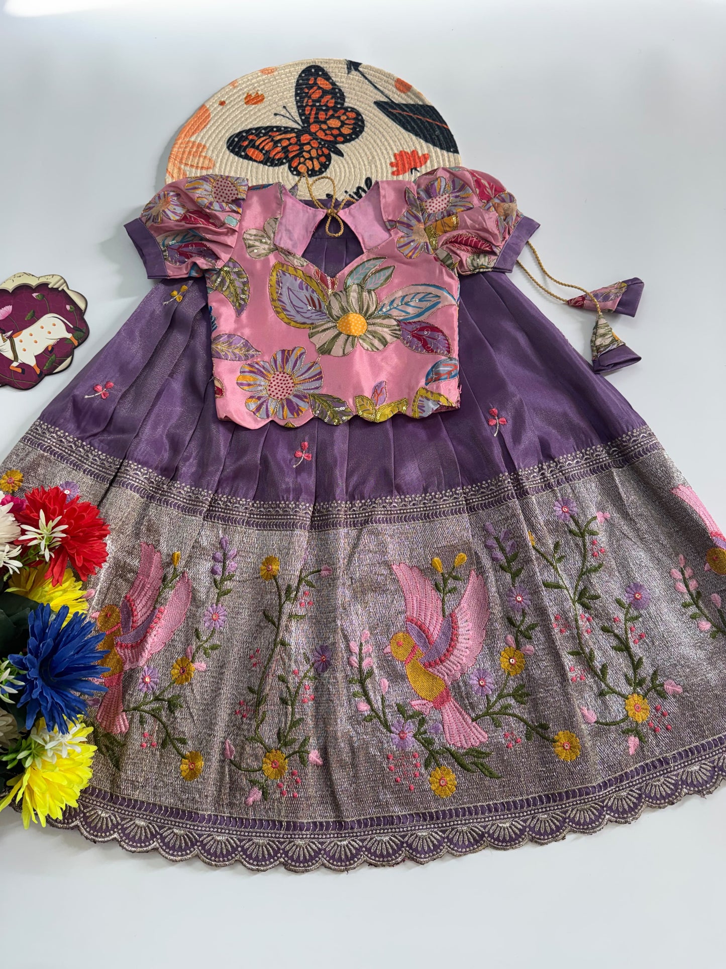 Kids Embroidered Tissue Fabric Lehenga Choli Set