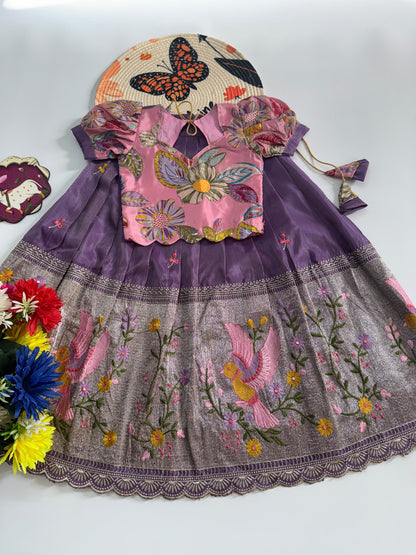 Kids Embroidered Tissue Fabric Lehenga Choli Set