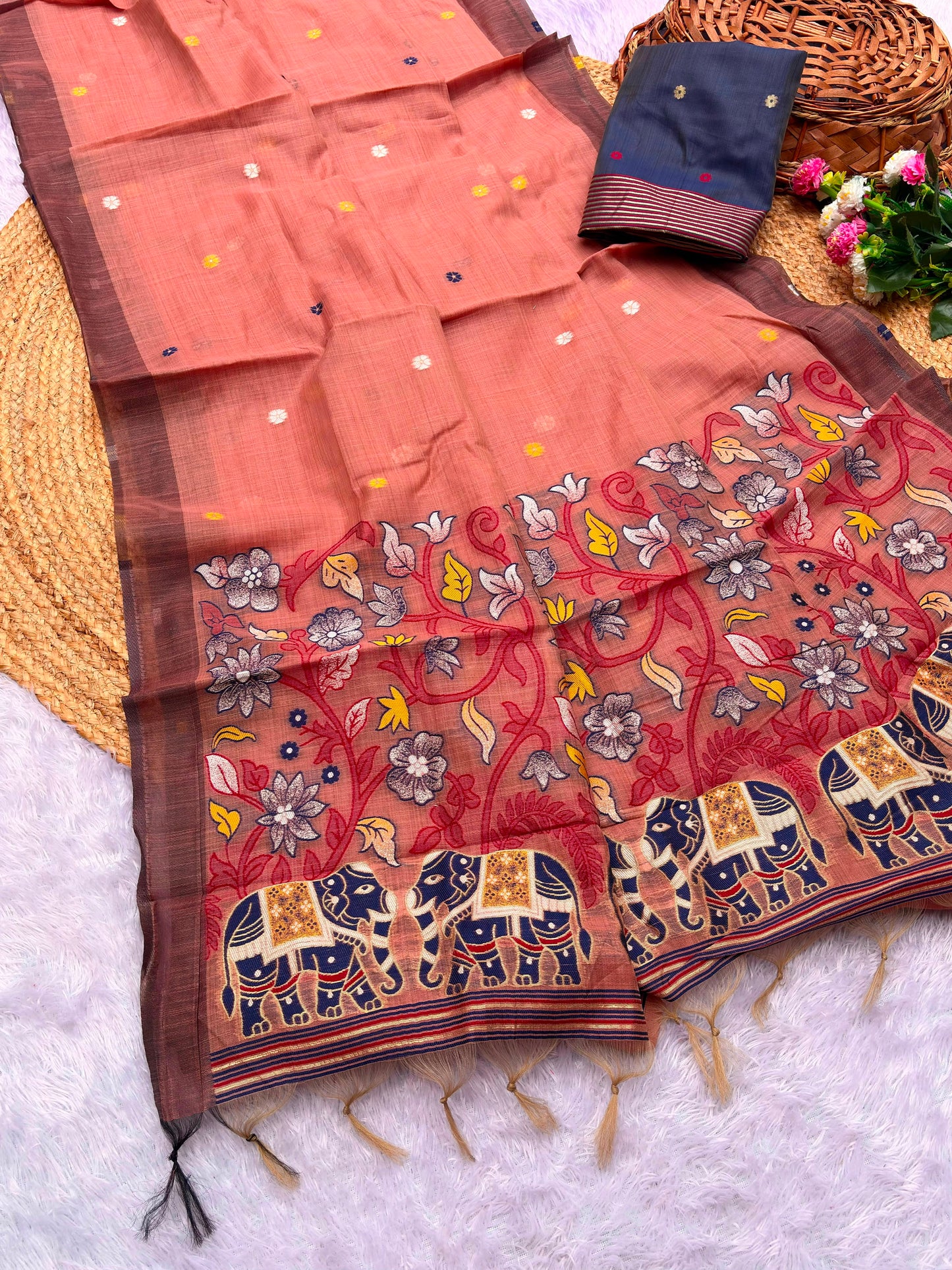 Pure Jamdani Silk Saree with Rich Zari Weave and Contrast Blouse
