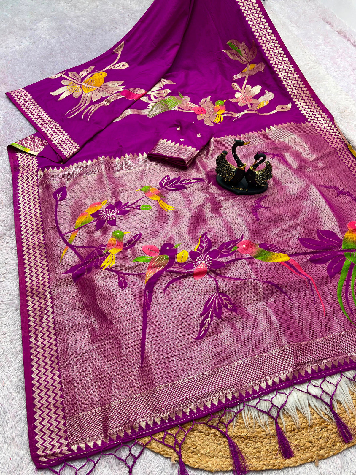 Khadi Crepe Silk Hand-Dyed Saree with Bird Motifs and Fancy Latkans