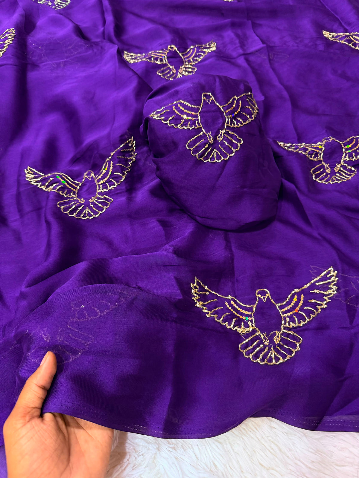 Soft Silk Saree with All-Over Bird Embroidery and Running Blouse