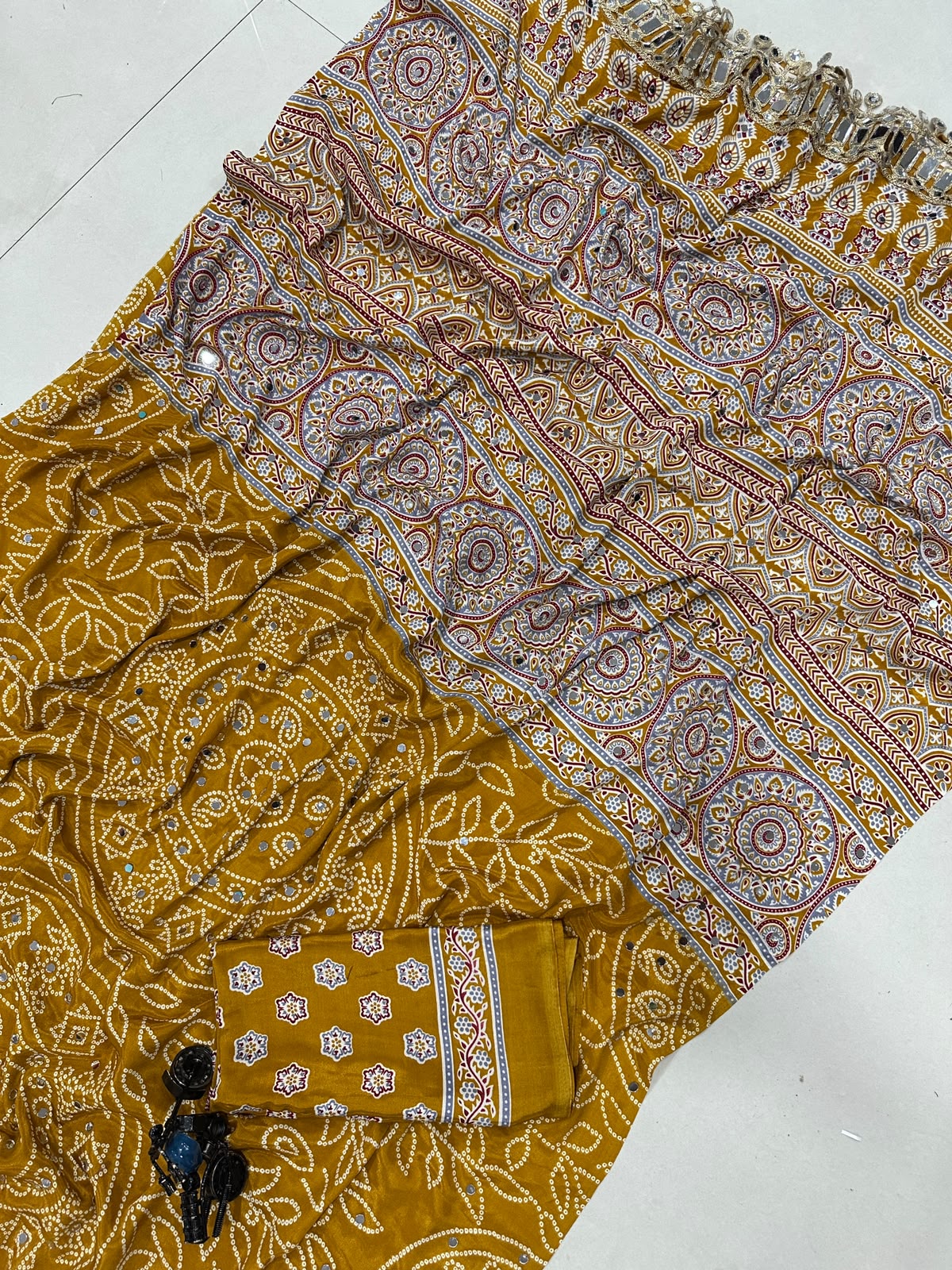 Pure Arjakh Satin Viscose Silk Saree with Designer Print, Mirror Work and Designer Blouse