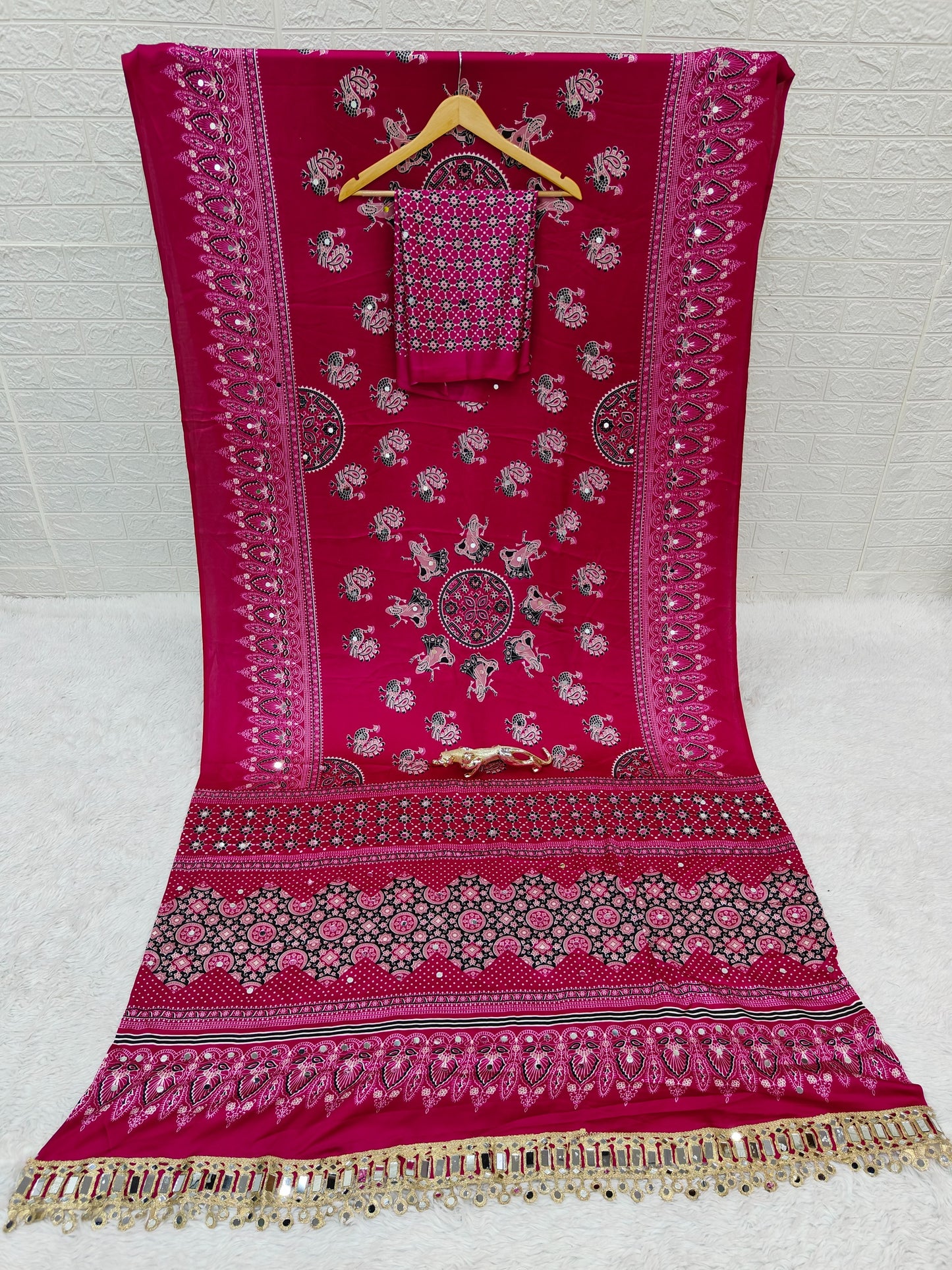 Japan Satin Semi Gajji Silk Bandhani Saree with Peacock Pallu and Mirror Lace Border
