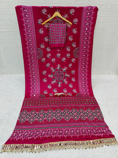 Japan Satin Semi Gajji Silk Bandhani Saree with Peacock Pallu and Mirror Lace Border