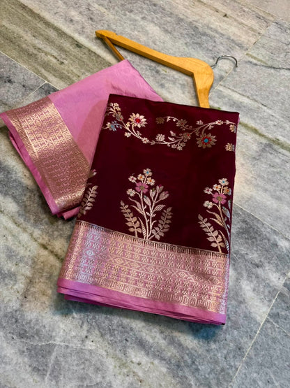 Banarasi Katan Silk Saree with Zari Butti and Contrast Jacquard Pallu