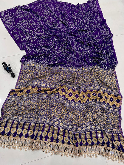 Pure Arjakh Satin Viscose Silk Saree with Designer Print, Mirror Work and Designer Blouse