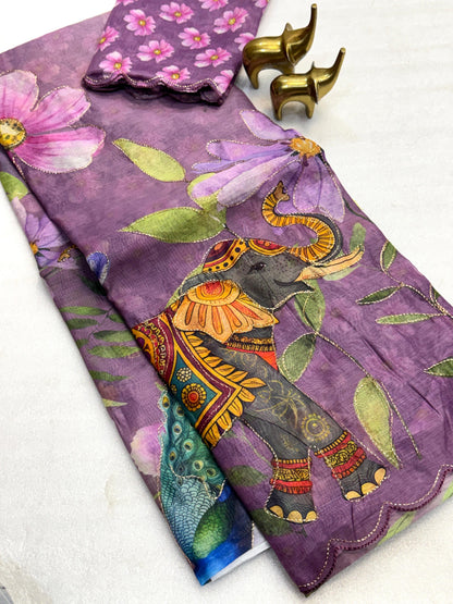 Vamika Soft Chanderi Cotton Floral Digital Print Saree with Aari Work Border