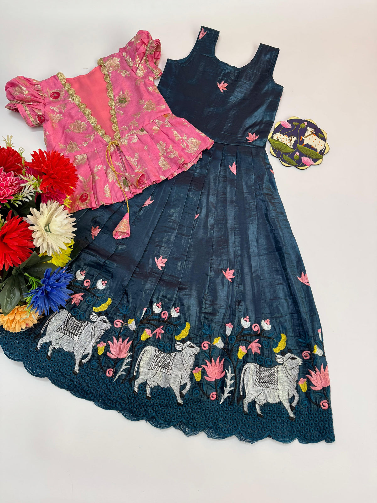 Girls Pichwai Embroidery Gown with Soft Nylon Dola Silk Overcoat
